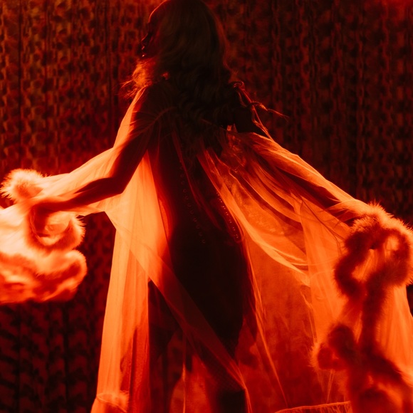 Luxury Long Powered Rose Tulle, Satin, & Feather Robe. - Picture 5 of 5